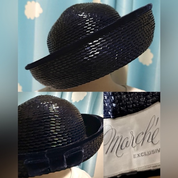 Vintage navy woven hat with velvet bow and trim. - Picture 2 of 11